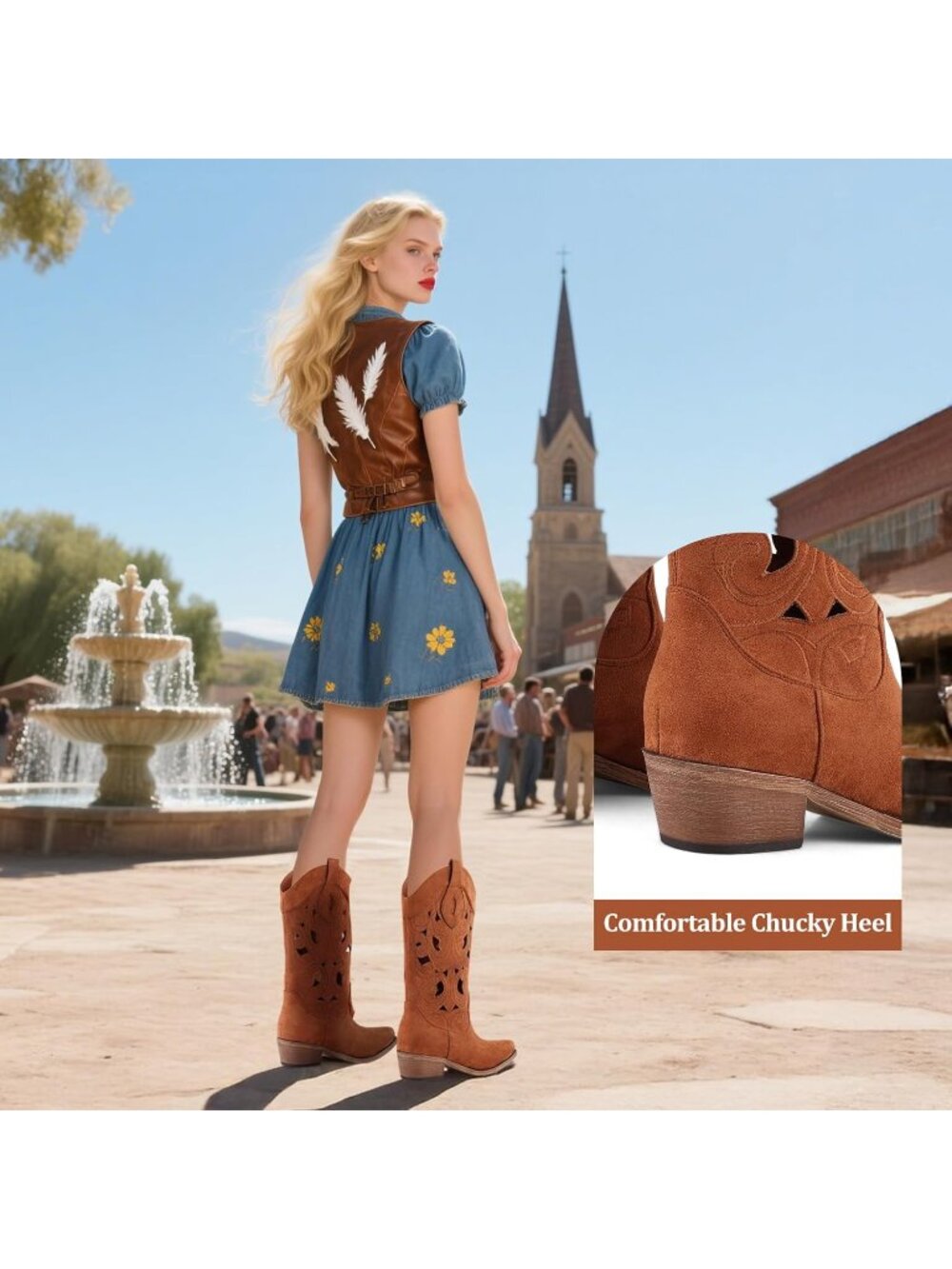Women's Brown Western Cowgirl Boots with Bow Mid Calf Comfortable Chunky Heel - Picture 4 of 6